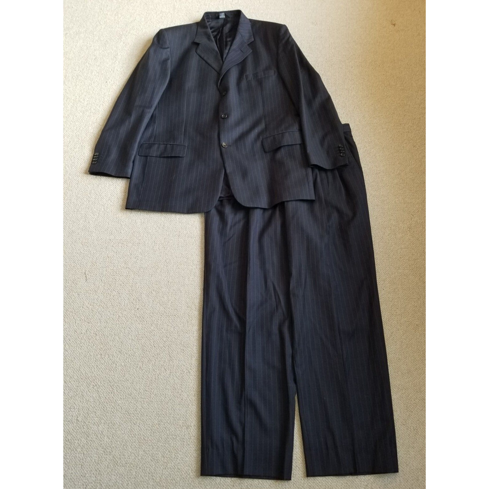 Mens Suit-PAVONE-ITALY-navy blue pinstriped 100% worsted wool 3-button-46L 39X31